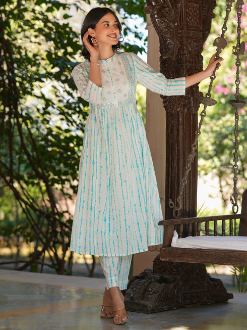 White Pure Cotton Tie & Dye Mirror Work A-line Kurta Pant Set